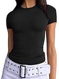 Trendy Queen Womens Basic T-Shirts Scoop Neck Short Sleeve Crop Tops Cute Summer Tops Slim Fit Tees Y2k Clothing 2024 Black M