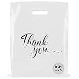 Rainbows & Lilies 100 Thank You Bags -12x15 Inch Plastic Bags with Handles, Shopping Bags for Small Business, Clothes, Gifts, Goodie Bags, Retail Bags, Bulk Gift Bags - Thick Reusable Bags (White)