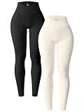 OQQ Women's 2 Piece Yoga Leggings Ribbed Seamless Workout High Waist Cross Over Athletic Exercise Leggings Black Beige