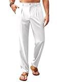 Runcati Mens Casual Linen Pants Elastic Waist Lightweight Loose Fit Pleated Slacks Summer Cotton Beach Yoga Trousers White