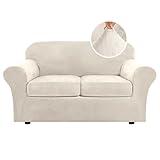 H.VERSAILTEX Real Velvet Plush 3 Piece Stretch Sofa Covers Couch Covers for 2 Cushion Couch Loveseat Covers Width Up to 72 Inch Feature Thick Soft Stay in Place (Medium Sofa, Ivory)