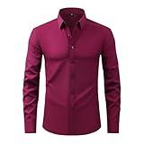 Mens Dress Shirts Slim Fit Gentleman Suit Long Sleeve Men's Wedding Guest Casual Clothing Business Shirt Wrinkle Free Camisas Polos para Hombre Wine