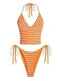 ZAFUL Womens Swimsuits Halter V Neck Tankini Set Moderate Coverage Terry Textured Bikini Thong Swimwear Orange Medium