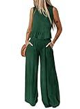 Dokotoo 2 Piece Outfits Sleeveless Round Neck Tank Tops Matching Sets for Women Pleated Elastic Waist Long Pants Sets Women Dark Green Medium