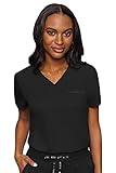 Med Couture Women's V-Neck Scrub Top, Modern Fit Tuck-in Top with Stretchy Rib-Knit Shoulders and Chest Pocket - MC7448, Black, Medium