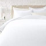 Amazon Basics Lightweight Microfiber 3 Piece Duvet Cover Set with Zipper Closure, Full/Queen, Bright White, Solid