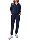 PINSPARK Womens Sweatsuits 2 Piece Set Long Sleeve Tracksuit Lounge Set Half Zip Airport Travel Outfits with Pockets 2024 Fall Preppy Clothes,Navy Blue Large