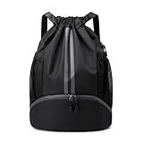 LOKAPEGY Black Drawstring Gym Bag for Men, Waterproof Drawstring Backpack for Women, Swim Bag with Shoes Compartment, Pull String Sport Bag for Soccer and Basketball.