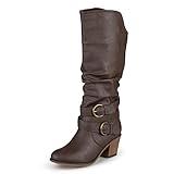 FOWT Women Slouch Knee High Boots Pull On Round Toe Mid Heels Block Buckled Button Detailed Strap High Calf Long Booties Stacked Leather Ladies Winter Fall Warm Work Daily Shoes Size 5 US