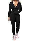 PINSV Women Two Piece Outfits Workout Sets Bodycon Tracksuit Long Sleeve Zip Up Hoodie Jacket Jogger Matching Sweat Pants Set Black M