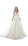 Zxruijing Women's Boho Lace Applique Ivory Wedding Dresses for Bride 2024 Beach V Neck Spaghetti Straps Bridal Wedding Gowns Size 10