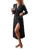 Ekouaer Women Kimono Robes Full Length Knit Bathrobe Lightweight Soft Sleepwear V-neck Casual Ladies Loungewear