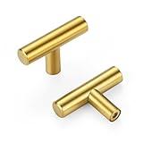 15 Pack Gold Cabinet Knobs 2 Inch - Brushed Brass Drawer Knobs Single Hole Gold T Bar Hardware Drawer Pulls for Kitchen Cabinets and Dressers