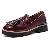 MUCCCUTE Loafers for Women Platform Chunky Loafer Comfortable Slip On Lug Sole Patent Leather Tassel Casual Work Shoes Burgundy Size 6