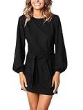 PRETTYGARDEN Women's Elegant Long Lantern Sleeve Short Dress Crewneck Tie Waist Knit Cocktail Dress (Black,Medium)