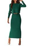 PRETTYGARDEN Women's Fall 2 Piece Sweater Set Rib Knit Long Sleeve Crop Top Maxi Bodycon Skirt Casual Winter Outfits (Dark Green,Large)