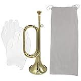 Cheerock 1 Pcs Gold Plated Bugle, Brass Cavalry Trumpet Bugle Horn, Brass Bugle Instruments with Bag & Gloves for Military Orchestra and Festival Atmosphere Performances