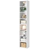 Bamjoy 71 Inches Tall Narrow Bookshelf, 8-Tier CD DVD Slim Media Tower Rack, Corner Bookcase with Adjustable Shelves, Skinny Cubes Bookshelves for Home Office Small Space, White
