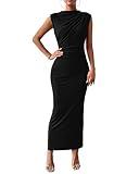 BTFBM Women's Ruched Bodycon Dress Summer Casual Sleeveless Back Slit Elegant Club Evening Party Cocktail Maxi Dresses(Solid Black, Medium)