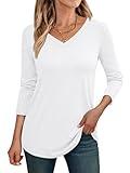 AUTOMET Womens 3/4 Length Sleeve Tops V Neck Shirts Casual Basic Trendy Tee Business Work Blouses Tunic Spring Summer Top White Medium