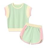 SANMIO Toddler Girls Clothes Toddler Girl Activewear Color Block Short Sleeve Shorts 4-5T Girl Summer Outfits Set Green