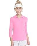 Auranso Girls 3/4 Long Sleeve Uniform Polo T-Shirts V-Neck Golf Shirt Quick-Dry Workout Tops Pink 7-8 Years