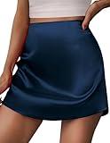 Zeagoo Women's Mini Skirts Casual High Waisted Stain Silk A-Line Zipper Summer Short Skirt Party Skirts,Navy,M