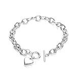14K Gold Silver Tone Women’s Heart Charm Bracelets Toggle Clasp Stainless Steel Link Bracelet Minimalist Jewelry 7.5” (polish heart-white)