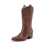 DREAM PAIRS Cowboy Boots for Women Cowgirl Western Boots Fashion Embroidery Stitched Chunky Heel Mid Calf Boots,Size 8,Brown-Pu,DWUMMB2504