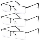 WEIMELTOY 3 Pack Blue Light Blocking Reading Glasses for Men, Stylish Half Frame Metal Computer Readers, Lightweight Spring Hinge Eyeglasses Anti Eyestrain/Glare/UV (2PCS Gray+1PCS Black,+2.0)