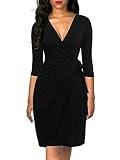 Berydress Women's Sexy Deep V-Neck 3/4 Sleeve Draped Belted Sheath Nightout Party Work Faux Wrap Dress (S, 6083-Black)