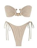 ZAFUL Ribbed Strapless Swimsuits for Women Cutout Bandeau Bathing Suit Tie Side Textured Bikini Thong Swimwear Beige M