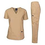 Dagacci Medical Uniform Woman and Man Scrub Set Unisex Medical Scrub Top and Pant, Khaki, XL