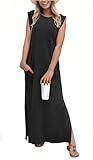 GRECERELLE Women's Summer Crew Neck Loose Split Casual Long Maxi Beach Dress with Pockets (Small, Black)