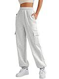 AUTOMET Womens Cargo Sweatpants Cinch Bottom Lounge Baggy Cotton Pants Joggers High Waist Fall Athletic Pant with Pockets Grey M