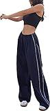 Women's Parachute Pants Cargo Trousers Elastic Waist Wide Leg Track Pants Y2k Clothing (S,Navy Blue)