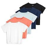 Real Essentials 5 Pack: Womens Crop Top High Waist Quick Dry Fit Active Wear Yoga Workout Athletic Running Gym Exercise Ladies Short Sleeve Crew Neck Moisture Wicking Tees T-Shirt Summer - Set 3, M