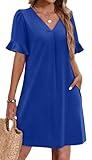 OFEEFAN Womens Blue Dresses Flowy Ruffle Sleeve Shift Dresses for Special Occasions V Neck Dress with Pockets XL