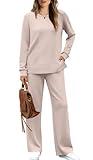 WIHOLL Womens Tracksuit Two Piece Long Sleeve Outfits Winter Wide Leg Pants Matching Set Ladies Fashion Jumpsuits Casual Fall Khaki M