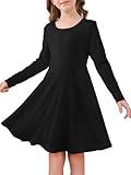 Haloumoning Girls Long Sleeve Skater Dress Kids Casual Crewneck A-Line Flowy Fall Dresses 5-14 Years Black