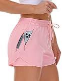 Mancreda Women's Running Shorts with Liner 3 Zipper Pockets Elastic Workout Athletic Gym Yoga Shorts(PK,S) Pink