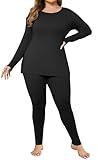 Ekouaer Plus Size Womens Long Underwear Set Oversize Thermal Set Lightweight Base Layer Pajamas 2 PCS Warm Tops & Bottom Black 22W