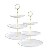 RAUVOLFIA 3 Tier Plastic Cupcake Stand, Tiered Serving Cake Stand, Round White Dessert Stand, Weddings Parties Pastry Serving Tray (2 Pack, White Plate with Gold Rim)