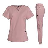 VIAOLI Scrubs for Women Set Modern V-Neck Top & 8 Pocket Jogger Pants Nursing Uniform Solid Stretch Workwear