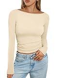 Trendy Queen Women's Boat Neck Tops Long Sleeve Shirts Casual Fitted Tee Shirts Solid Color Fall Basic Clothes Apricot M