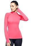 Womens Long Sleeve Athletic Tops Mock Neck Workout Shirts with Thumb Hole(Neon Pink,L)