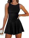 Caracilia Women's Tennis Mini Dresses 2025 Summer Sleeveless Built in Shorts Golf Athletic One Piece Active Romper Dress Black X-Large