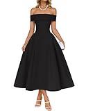 ZESICA Cocktail Dresses for Women's Elegant Off Shoulder Short Sleeve Swing A Line Wedding Evening Party Midi Dress,Black,Medium