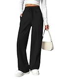 PINSPARK Wide Leg Sweatpants for Women's High-Waist Loose Fitting Pants with Slanted Hand Pockets Spring Fall Black XL