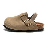 Hezeisoar Boys Girls Suede Clogs Unisex Toddler Slip-on Slippers Kids Outdoor Indoor Flat Shoes Classic Cork Adjustable Buckle Mules Cute Sandals Beige